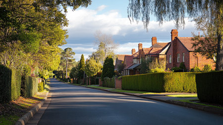 A quiet suburban street with neatly trimmed hedges and a large brick building in the background.の素材