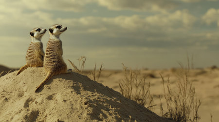 A pair of meerkats sitting upright on a sandy mound, looking out attentively in the desert.の素材