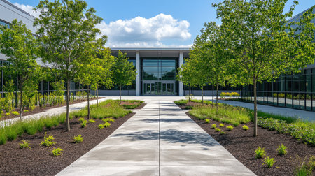 A straight concrete pathway lined with trees leading to the entrance of a modern office building.の素材