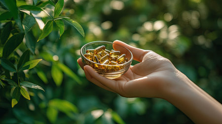 A person's hand holding a small bowl filled with vitamin E capsules, set against a lush, green backgroundの素材
