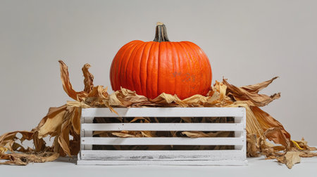 A single large orange pumpkin centered on a white crate, surrounded by dried corn husksの素材