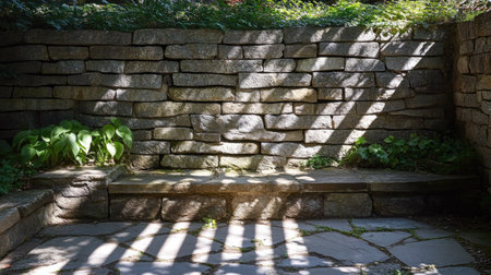 A stone retaining wall with harsh noon light, casting intricate shadow patterns.の素材