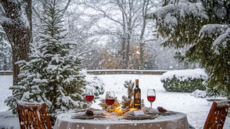 A snowy outdoor setting with wine glasses placed on a table adorned with a winter-themed Christmas centerpieceの素材