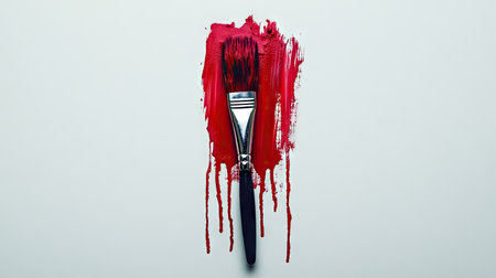 A single paint brush with dripping red paint against a plain white backdropの素材