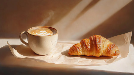 A steaming latte in a ceramic cup next to a croissant on parchment paper, with soft shadows enhancing the warmthの素材