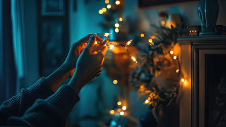 A pair of hands gently holding glowing Christmas string lights in a dimly lit room, creating a cozy ambianceの素材