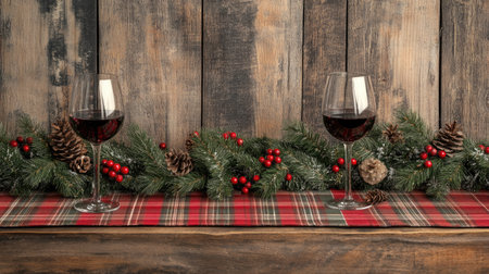 A rustic table setup with wine glasses, a plaid table runner, and festive pine and berry garlandsの素材