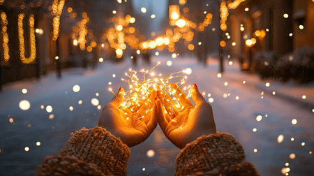 A person holding Christmas lights outdoors, with a frosty night and glowing street decorations in the backgroundの素材