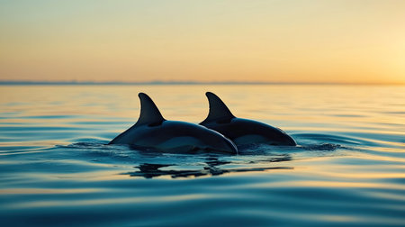 A pair of dolphins sitting close in a calm ocean at sunset, appearing playful and serene.の素材