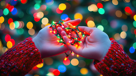 A pair of hands wrapped in sparkling Christmas lights, with vibrant bokeh in the backgroundの素材
