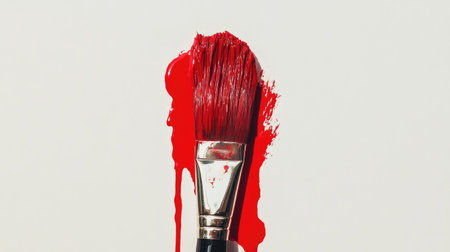 A single paint brush with dripping red paint against a plain white backdropの素材