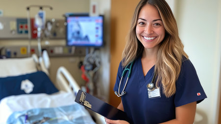A nurse in navy scrubs, smiling while holding a clipboard and stethoscope, standing near a hospital bed.の素材