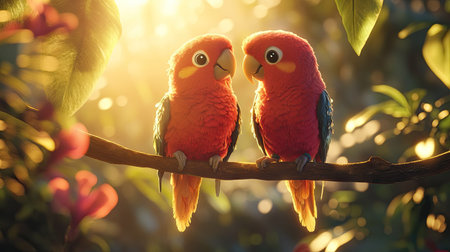 A pair of parrots sitting together on a tropical branch, their vibrant feathers glowing in sunlight.の素材