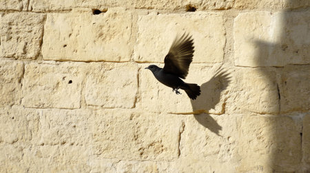 A shadow of a bird in flight momentarily captured against a beige stone wall at noon.の素材