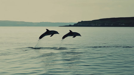 A pair of dolphins leaping out of the water, appearing to sit momentarily side by side in mid-air.の素材