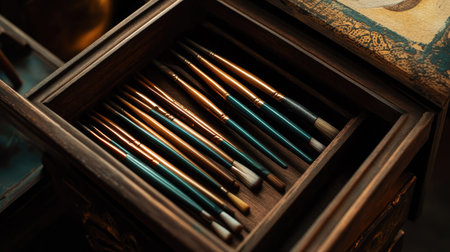 A set of brand-new paint brushes placed neatly in a wooden box with art suppliesの素材