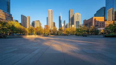 A quiet urban plaza in the early morning, with shadows of tall skyscrapers falling across the empty squareの素材