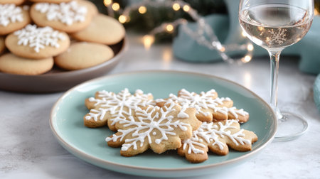 A pair of wine glasses next to a festive plate of cookies, with snowflake decorations aroundの素材