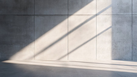 A stark shadow cast by a high noon sun on a smooth concrete wall, with crisp lines dividing light and dark.の素材