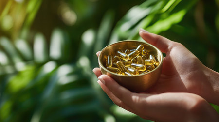 A person's hand holding a small bowl filled with vitamin E capsules, set against a lush, green backgroundの素材