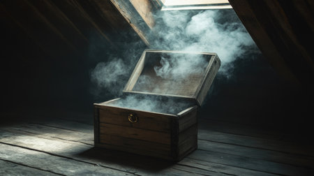 A small wooden crate on the floor of a dusty attic, releasing smoke as its lid tilts openの素材