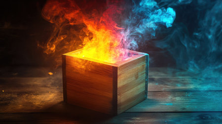 A plain wooden box glowing with internal light and colorful smoke escaping through cracksの素材