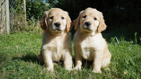 A pair of golden retriever puppies sitting side by side in a sunny green meadow, looking curious.の素材