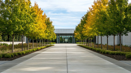 A straight concrete pathway lined with trees leading to the entrance of a modern office building.の素材