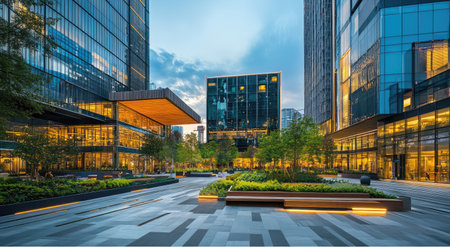 A spacious square surrounded by eco-friendly modern buildings with green terraces and open glass designsの素材