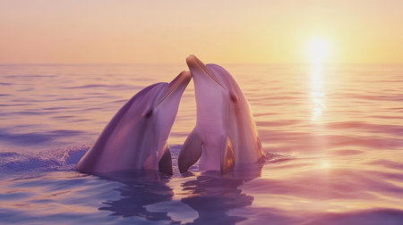 A pair of dolphins sitting close in a calm ocean at sunset, appearing playful and serene.の素材