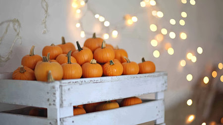 A stack of small bright orange pumpkins on a white crate, with a festive garland in the backgroundの素材