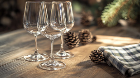 A rustic holiday theme with wine glasses on a wooden table, surrounded by plaid napkins and pineconesの素材
