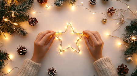 A pair of hands delicately arranging Christmas lights in the shape of a star on a clean white tableの素材