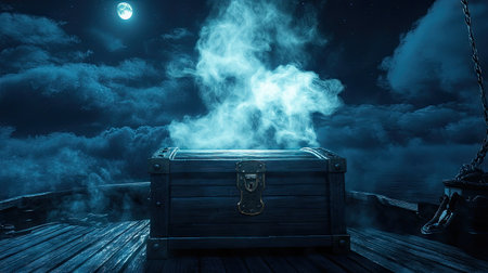 A pirate chest on a ship deck, with swirling smoke escaping into the moonlit nightの素材