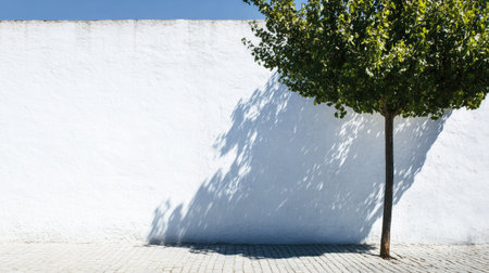 A plain white wall split evenly by the strong midday sun, creating a chiaroscuro effect.の素材