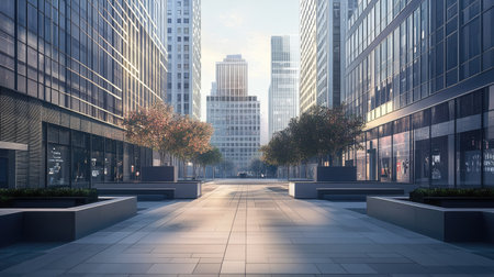 A serene city plaza with minimalist design elements and towering urban buildings in the distanceの素材