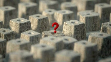 A single red question mark standing out among multiple gray question marks in a minimalist settingの素材