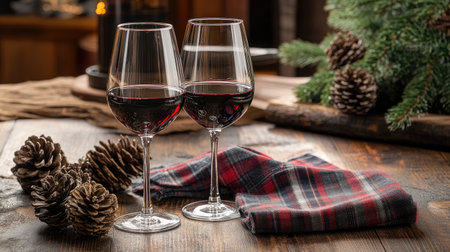 A rustic holiday theme with wine glasses on a wooden table, surrounded by plaid napkins and pineconesの素材