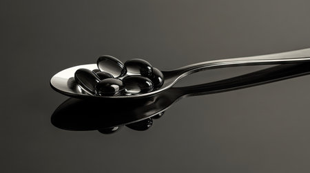 A spoon filled with shiny omega- fish oil capsules, placed on a clean, reflective surfaceの素材