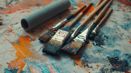 A set of paint brushes lying on a drop cloth, with paint rollers and other tools in the backgroundの素材