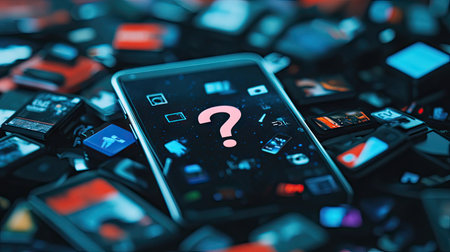 A smartphone screen displaying a question mark app icon in the center of a cluttered home screenの素材