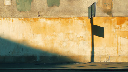 A shadow of a street sign boldly outlined on a blank urban wall at high noon.の素材