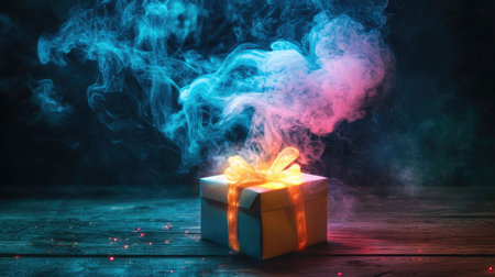 A small gift box with a glowing ribbon, colorful smoke rising as the top is removedの素材