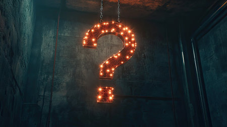 A question mark made of glowing LED lights hanging on a chain in a dark roomの素材