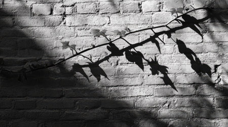 A solitary vine creeping along a brick wall with its sharp shadow visible at midday.の素材