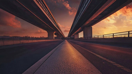 A smooth asphalt highway disappearing under a futuristic overpass, framed by an orange-pink sunset sky.の素材