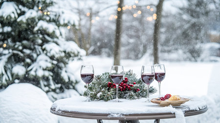 A snowy outdoor setting with wine glasses placed on a table adorned with a winter-themed Christmas centerpieceの素材
