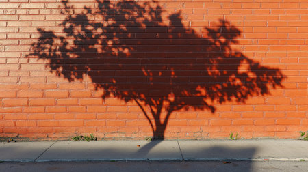 A shadow of a small tree at perfect symmetry on a red brick wall under midday light.の素材