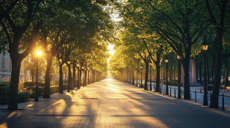 A tree-lined boulevard outside a government building, bathed in golden hour light.の素材