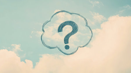 A thought bubble with a question mark inside, drawn over a serene sky backgroundの素材
